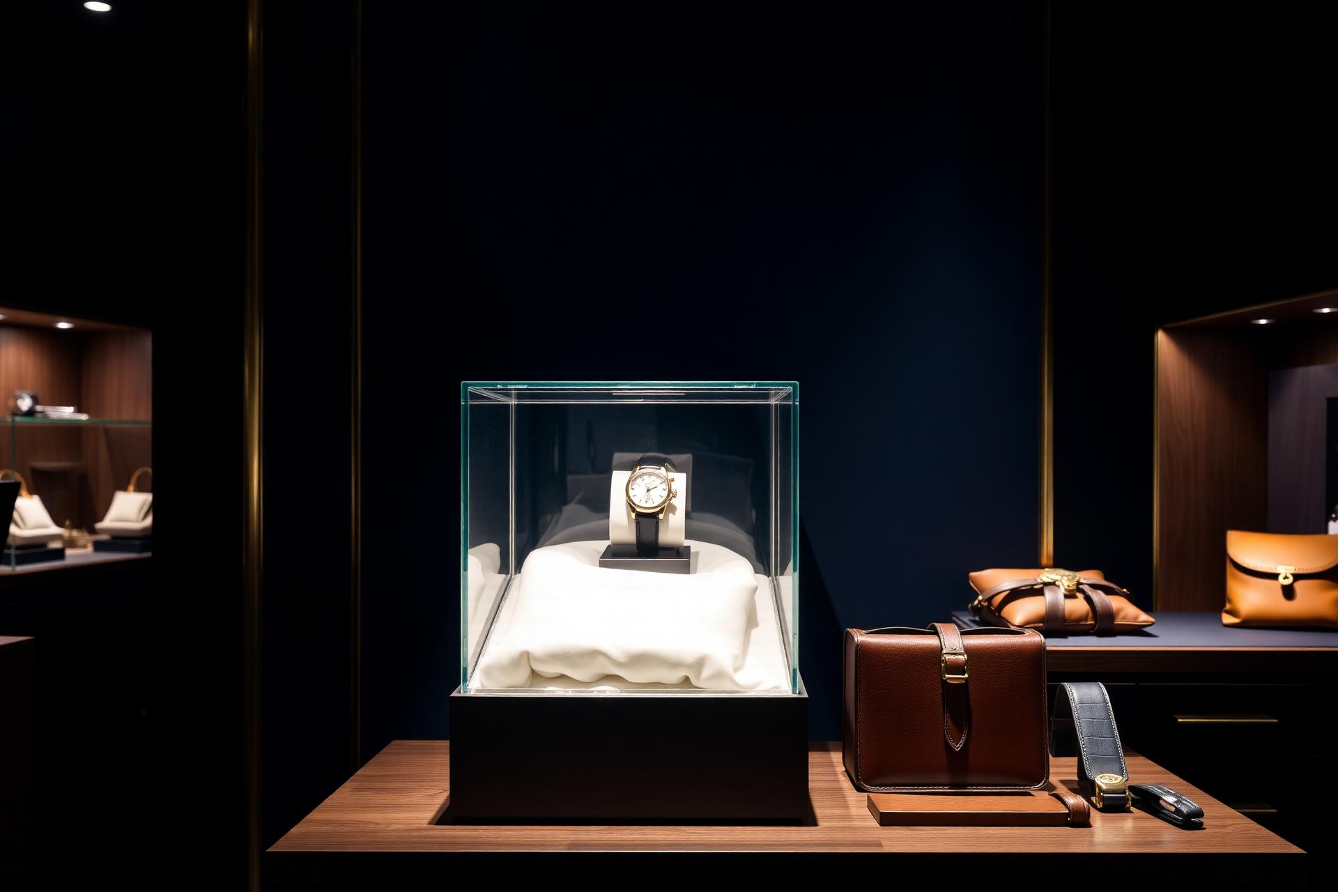 Editorial display of a fine timepiece and leather accessories in a private boutique